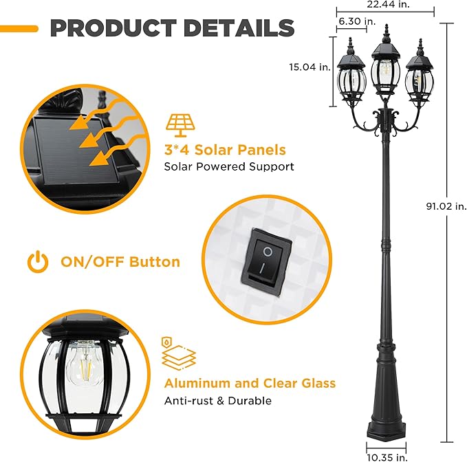LUTEC Outdoor Solar Post Light with Triple-Head Dusk to Dawn Lamp Post for Lawn Pathway Garden Black Aluminium Vintage Street Light with Clear Glass Panels (Bulbs Included)