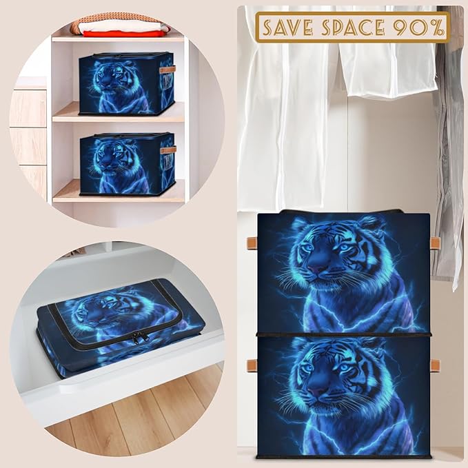 Blue Tiger Storage Box with Lid Cool Powerful Animals Collapsible Storage Bins Baskets Cubes Closet Shelf Clothes Organizer Containers with PU Leather Handles