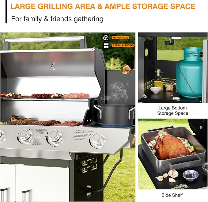 4 Led Burner Propane Gas Grill with Side Burner 60000 BTUs Output Stainless Steel Propane Grill for Outdoor Cooking and Patio Backyard Barbecue