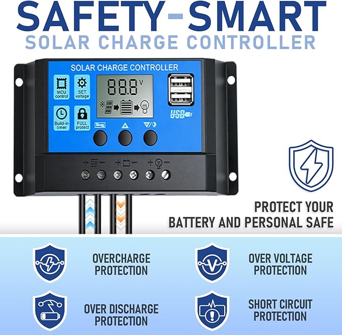 Solar Panel Kit 100W 12V MonocrystallineBattery Maintainer +20A Solar Charge Controller +16.4Ft Extension Cable with Battery Clips O-Ring Terminal for RV Marine Boat Off Grid System