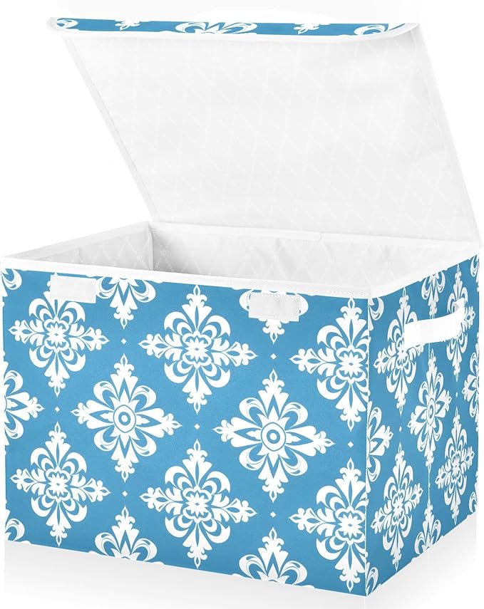MNSRUU Containers Baskets with Lids Blue and White Floral Ornament Pattern Fabric Foldable Storage Bins Organizer with Lid Collapsible Storage Boxes for Home Bedroom Closet Office