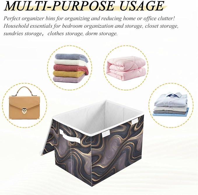 Storage Bins With Lid Stackable Fabric Closet Organizer Clothing Storage Large Boxes For Closet Shelves Bedroom Black Gold Marble