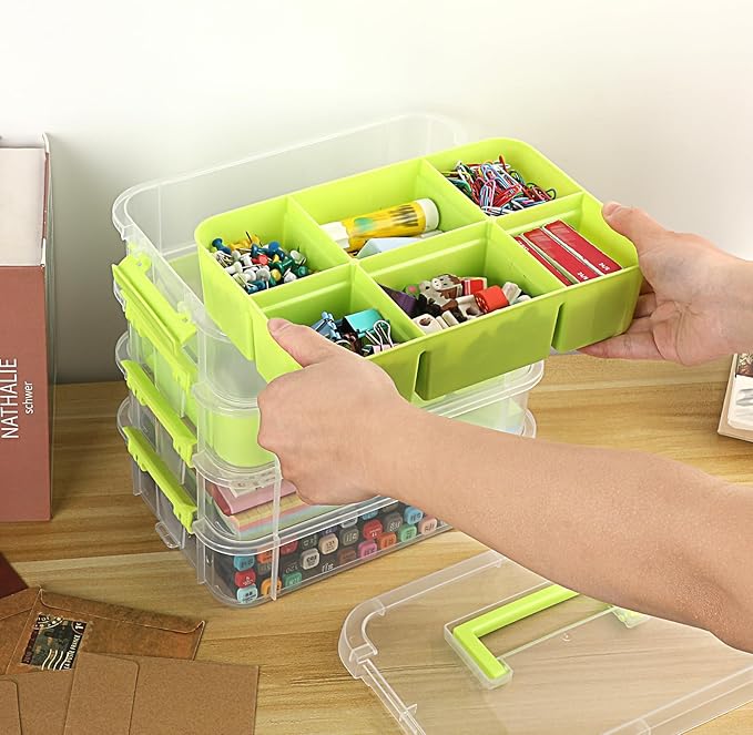 JUXYES 4-Tiers Stack Carry Storage Box With 2 Divided Tray Transparent Stackable Storage Bin With Handle Lid Latching Storage Container for School &amp Office Supplies Green