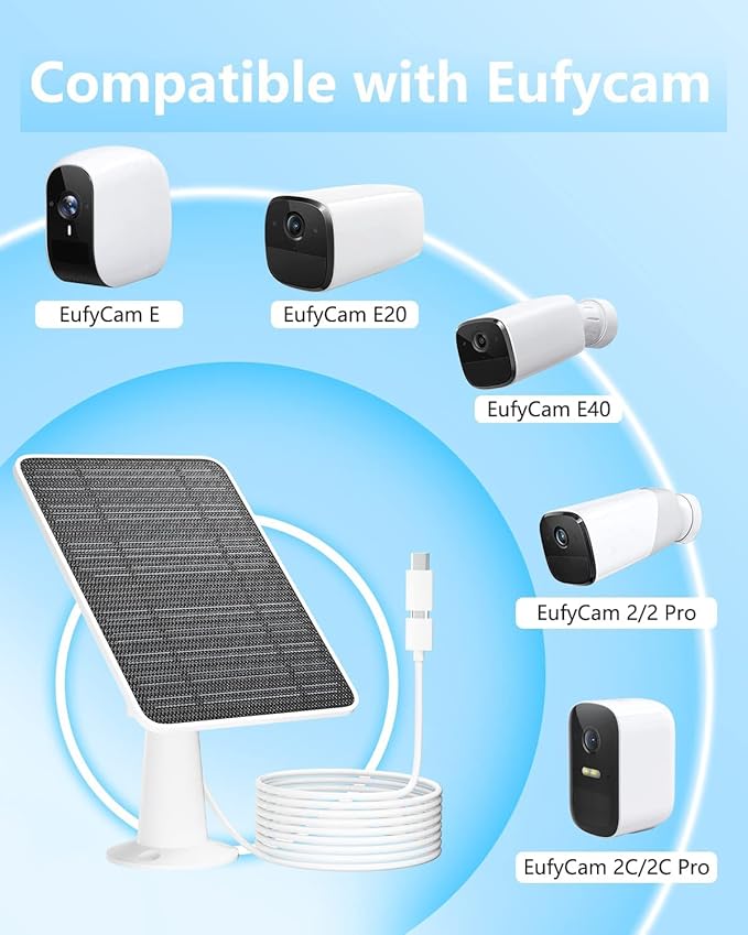 Solar Panel Charger Compatible with Eufycam 3/3C/2C/2C Pro/E40/E20/2/2 Pro/E/L20/L40/Solo/SoloCam Spotlight 5W Solar Panel for Eufy Camera Micro USB &amp USB-C Port 9.8ft Cable P65 Waterproof 2