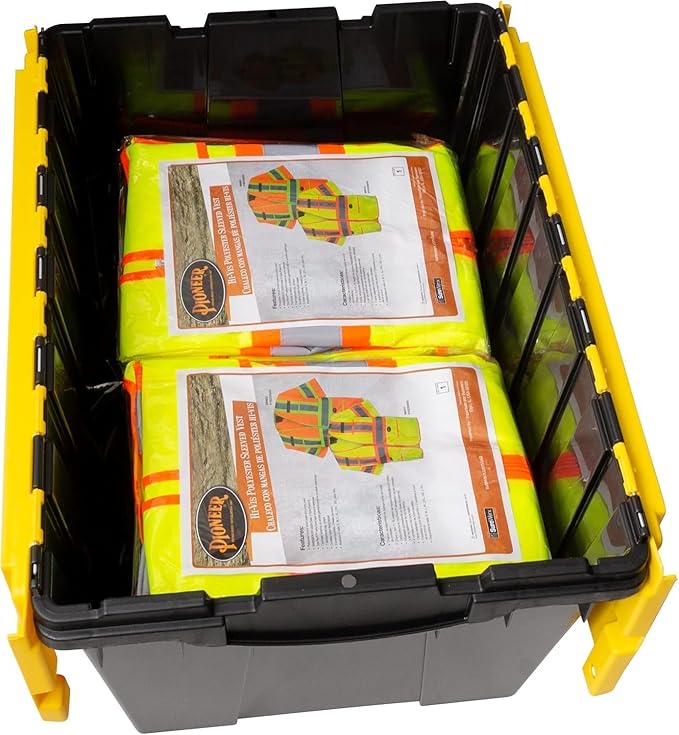 Akro-Mils KeepBox 12 Gallon Storage Container Nesting and Stackable Plastic Storage Box with Lid Attached Organizer Tote for Garages Closets Moving 21-1/2 x 15 x 12-1/2 Black/Yellow 6-Pack