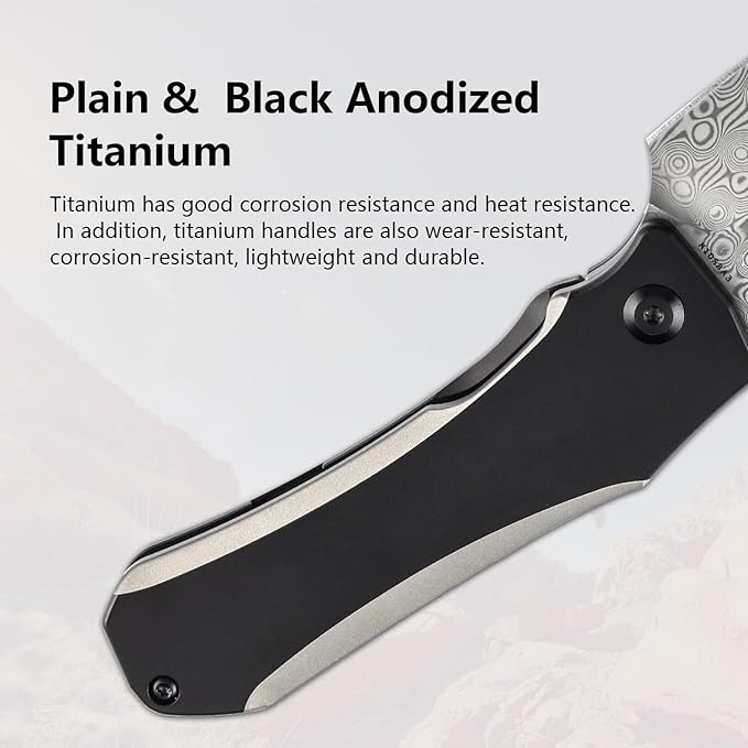 KANSEPT Loki Pocket Folding Knives for Men EDC Camping Folding Knife 2.99'' Damascus Blade Material Pocke Knife with Plain &amp Black Anodized Titanium Handle Everyday Carry K1058A3