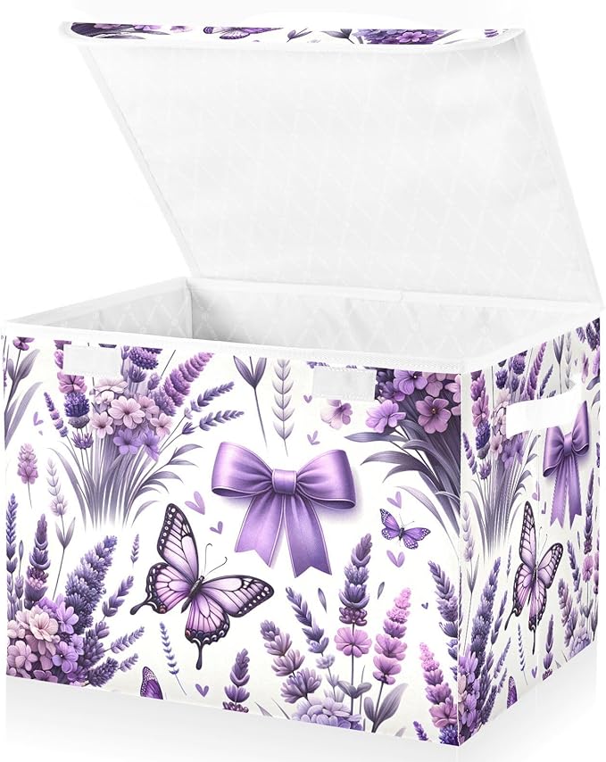susiyo Large Foldable Storage Bin with Flip-Top Lid Lavender Flowers Butterflies Storage Box Collapsible Closet Organizer Containers Boxes Decorative Baskets with Handles for Home Bedroom Living Room
