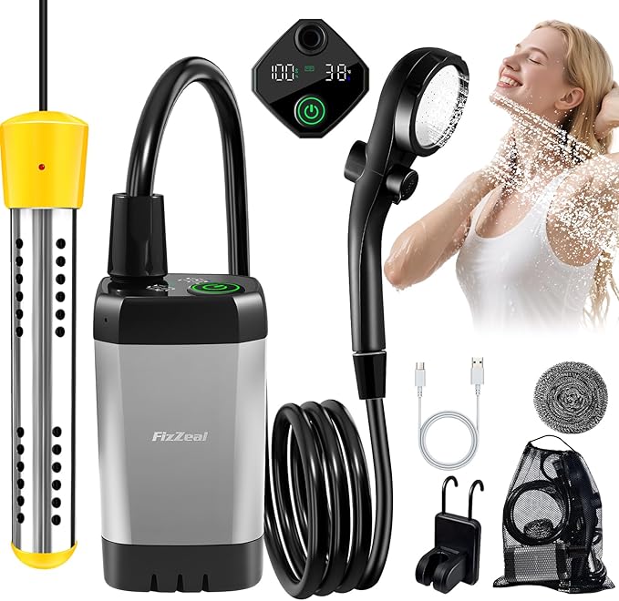 Portable Shower With HeaterPortable Shower For Camping With 2000W Auto-Off Heater4 Spray ModesLasting 140 minsLED DisplayPortable Shower PumpOutdoor Shower For CampingHikingTravelCarPet