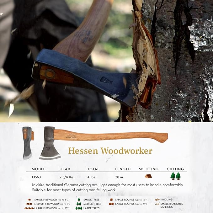 1844 Helko Werk Germany Traditional Hessen Woodworker Axe - Made in Germany Hand Forged Felling Axe and Cutting Axe Forest Axe for Felling Tree - Head 2-3/4 lbs Handle 28 in. (Hessen) #13563