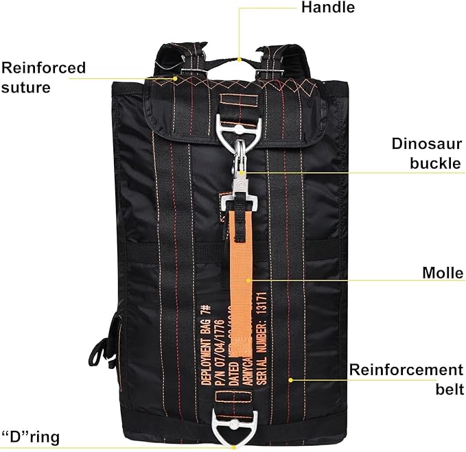Military Tactical Backpack Parachute Buckles Hook Nylon Rucksacks Flight Backpacks Day Pack for OutdoorHikingCamping (Black)
