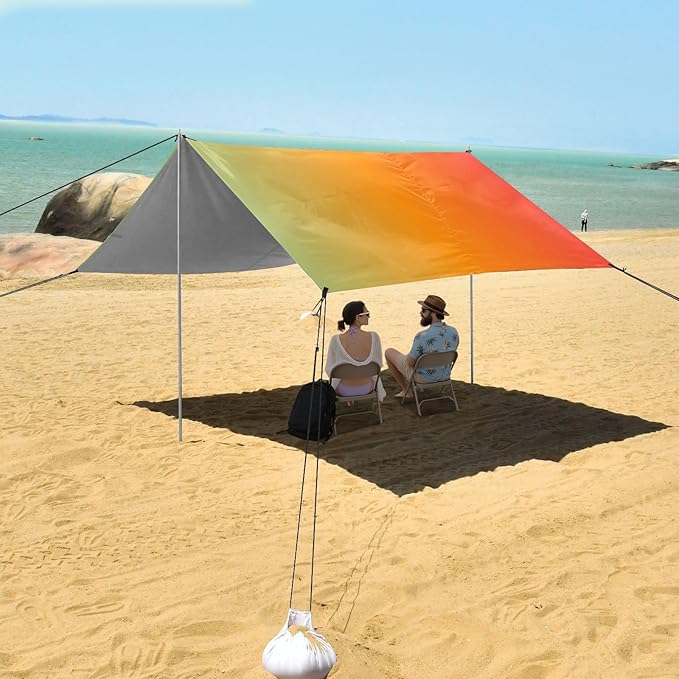Green Red Gradient Foldable Beach Tent UPF50+ Waterproof Shade Sun Shelter with Sturdy Poles Sandbags and Shovel for Camping Picnics Backyard