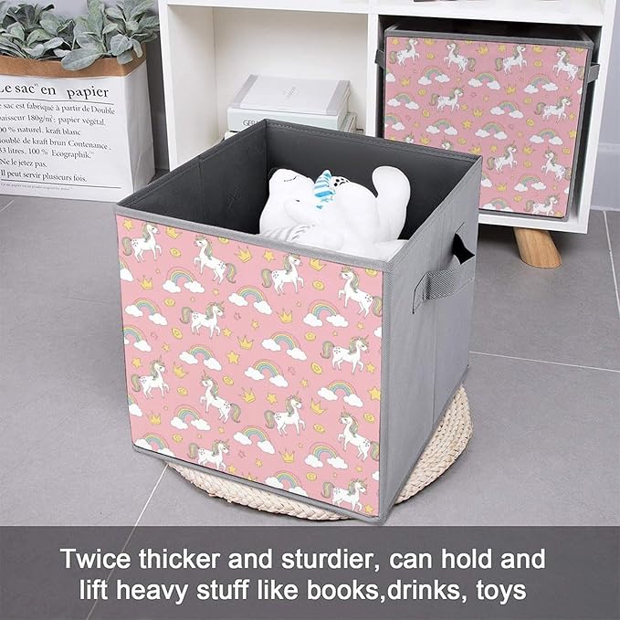 Collapsible Storage Box with Handles Cute Pink Unicorns Multi-Purpose Foldable Cube Bin for Pantry Garage Bathroom Quick-Fold Design for Easy Storage