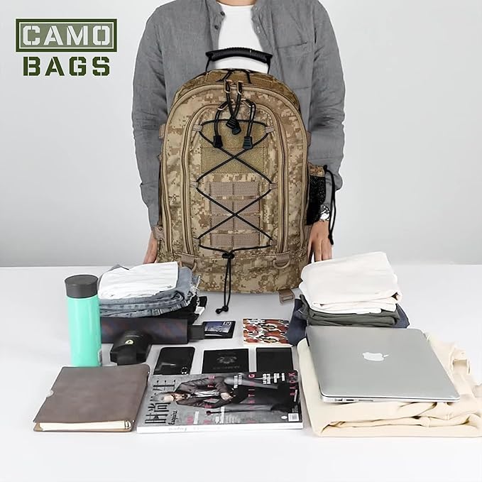 Camo Expandable Travel Backpack with 1000 Denier Cordura Polyester - Backpack For Men with Padded Straps &amp Multiple Compartments - Hiking Backpack for Campers Travelers with Large-Capacity Storag