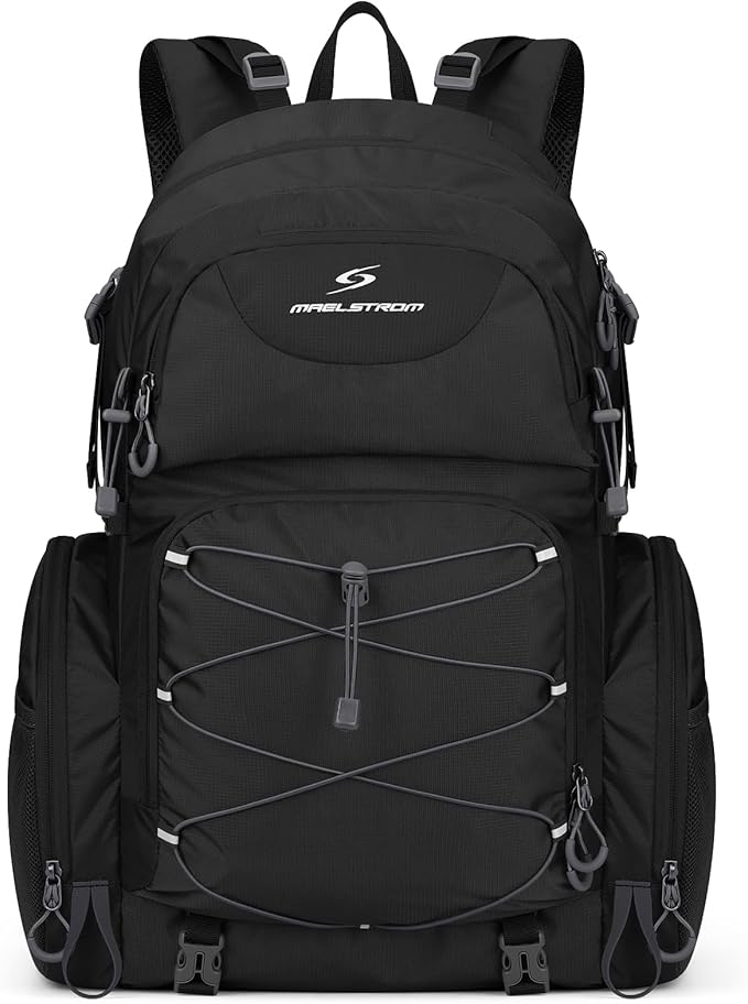 Maelstrom Hiking Backpack 40L Waterproof Camping Daypack for Men and Women Lightweight Travel Pack with Rain Cover (Black)