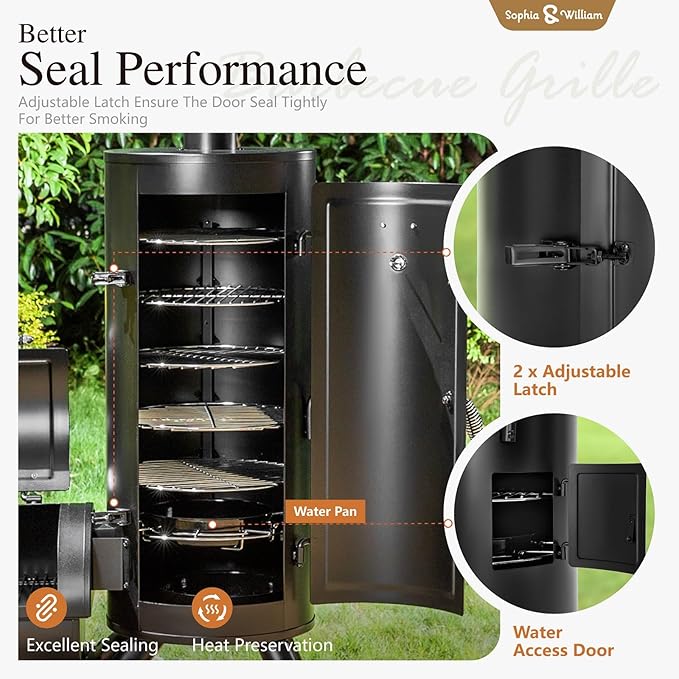 Sophia &amp William Heavy-Duty Vertical Offset Charcoal Smoker Extra Large Outdoor BBQ Gill with Offset Smoker 961 SQ.IN. Cooking Area with Warming TrayPush-out Ash Tray for Event Gathering Black