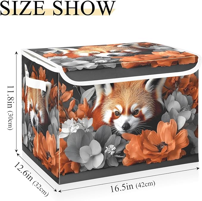 AIXIWAWA Lidded Storage Cube (Red Panda Floral) Fabric Foldable Closet Bins with Flip Lid and Handles Organizer Basket Container 16.5 x 12.6 x 11.8 IN