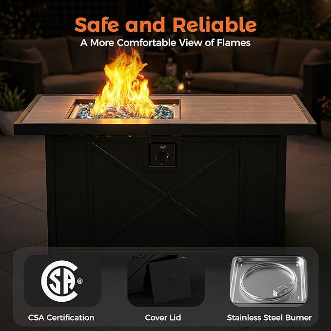 BALI OUTDOORS 42 inch 50000 BTU Rectangular Propane Gas Fire Pit Table with Fire Glass and Table Lid Fire Pits Outdoor for Garden Patio Backyard