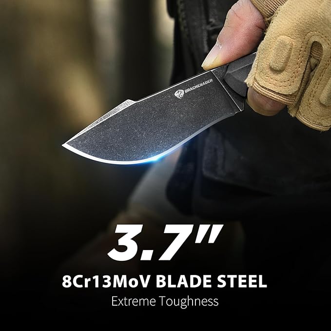 DRACHENADER Survival Knife with Fire Starter L-Y 7.68 Tactical Small Fixed Blade EDC Knife for Men Full Tang Stonewashed Black Blade &amp Black Handle