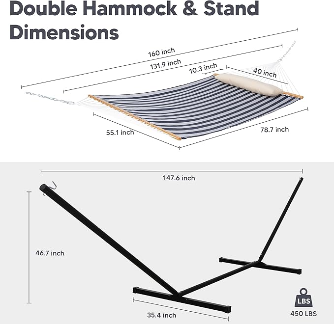 SUNCREAT Double Hammock with Stand Included Outdoor Portable Hammock with Stand Blue