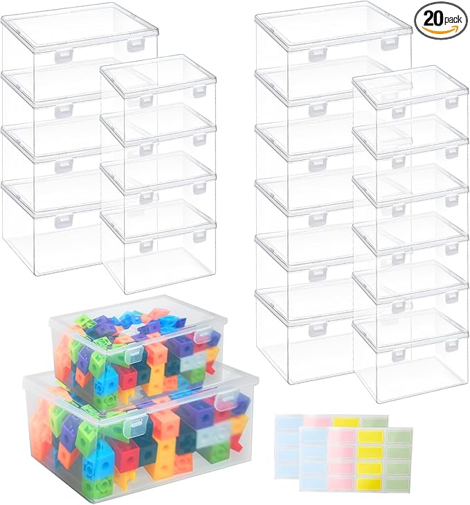 20 Pcs Plastic Playroom Storage Organizer Box Stackable Bins with LidsClear Storage Containers for Holds Small Toys Building Blocks Puzzles (7.09 x 5.2 x 3.43 Inch5.6 x 4.1 x 2.4 Inch)