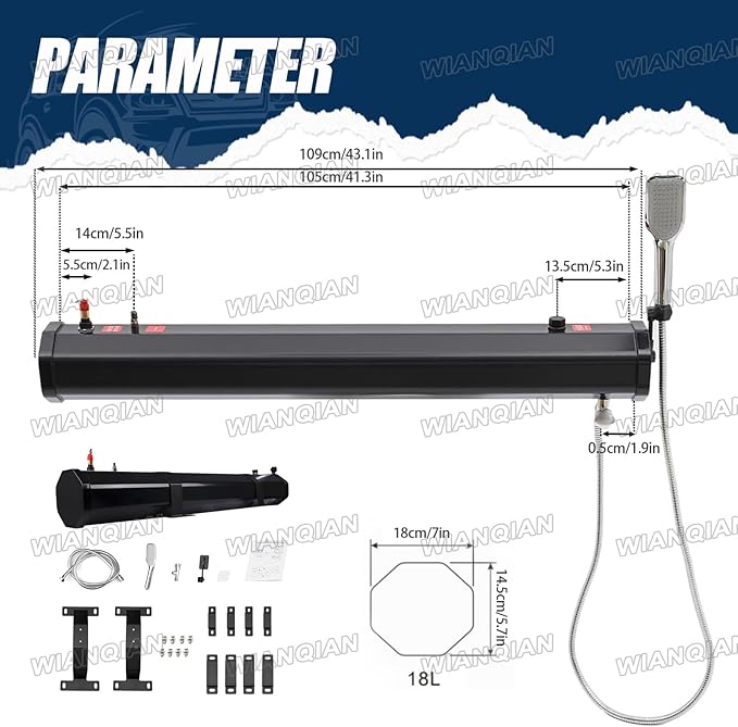 Portable Camp Shower Roof Mount Camping Shower Portable Road Camping Shower Self-Pressurized Water Tank PVC Material 1.5m 4.9ft Water Pipe for Camping Off-Road 4.76加仑/18升
