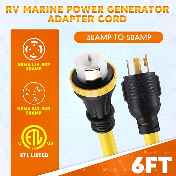 6FT NEMA L14-30P to SS2-50R RV Marine Power Generator Adapter Cord 30A 4 Prong Locking Generator L14-30P Male to 50A Marine Shore Power SS2-50R Female with Locking Ring 125V/250V