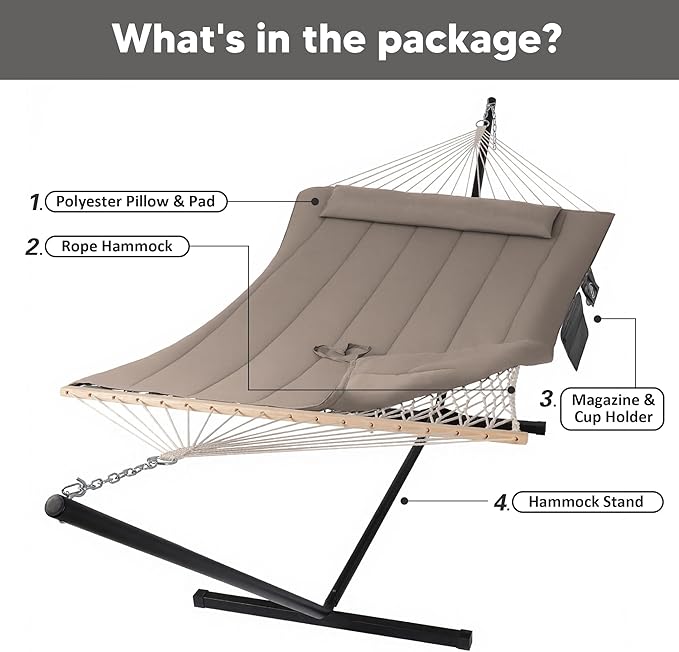 SUNCREAT Hammocks Two Person Hammock with 12ft Stand Included Max 475lbs Capacity Heavy Duty Free Standing Hammock Coffee