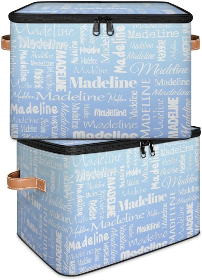 Custom Storage Basket with Name Personalized Keepsake Box with Zipper Lid Foldable Fabric Memory Bin Large capacity with Handle White Blue
