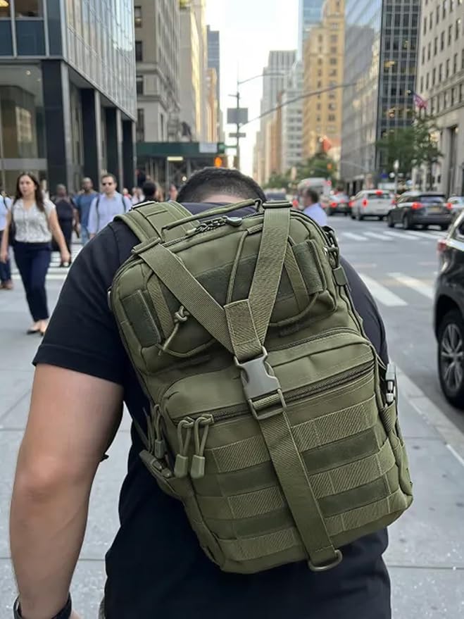 SMONT Army Green Tactical Sling Bag - MOLLE Compatible Daypack Small Durable Backpack for Hiking Commute Work/EDC - Assault Range Bag Crossbody Chest Pack Single Shoulder Pack in Army Green