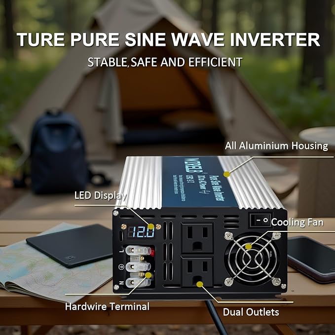 WZRELB 3500W Pure Sine Wave Inverter Car Power Inverter 12V DC to 110V 120V AC Converter for RV Truck Solar Outdoor with Dual AC Outlets Hardwire Port Surge 7000W LED DisplayOff-Grid