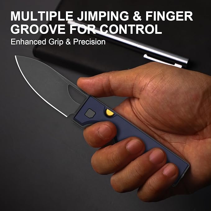 Kizer Little Ringbo Pocket Knife 2.95 AEB-L Steel Drop Point Folding Knife with Blue Aluminum Handle Thumb Hole Opener Button Liner Lock EDC knives for Camping Hiking V3708A3
