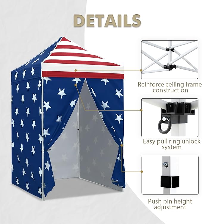 EAGLE PEAK 5x5 Instant Canopy with 4-Side Wall Panels Small Pop up Portable Canopy Tent with Carry Bag Light Weight Sun Shelter for Sports Camping and Beach American Flag