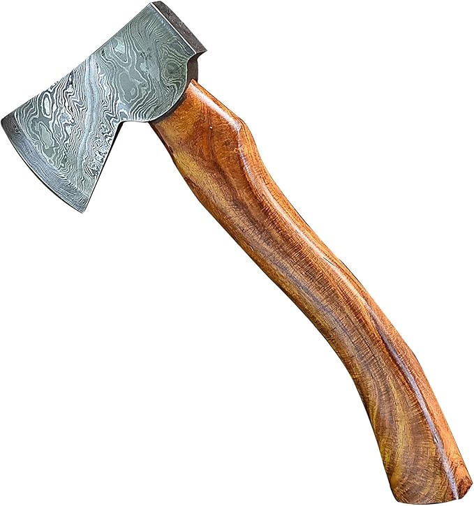 Armory Replicas™ Hand-Forged Damascus Steel Axe with Sheesham Wood Handle &amp Leather Sheath – 11.5 Compact Camping Axe