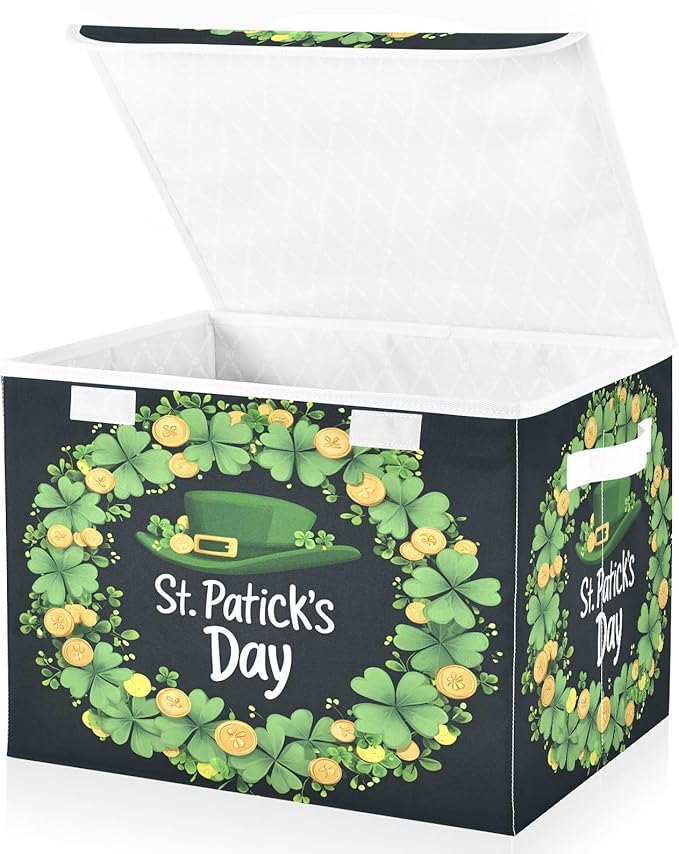 Doodle St. Patrick's Day Pattern Foldable Storage Baskets Fabric Boxes with Handle Organizers with Flip-Top Lids Storage Bins for Home Bedroom Office
