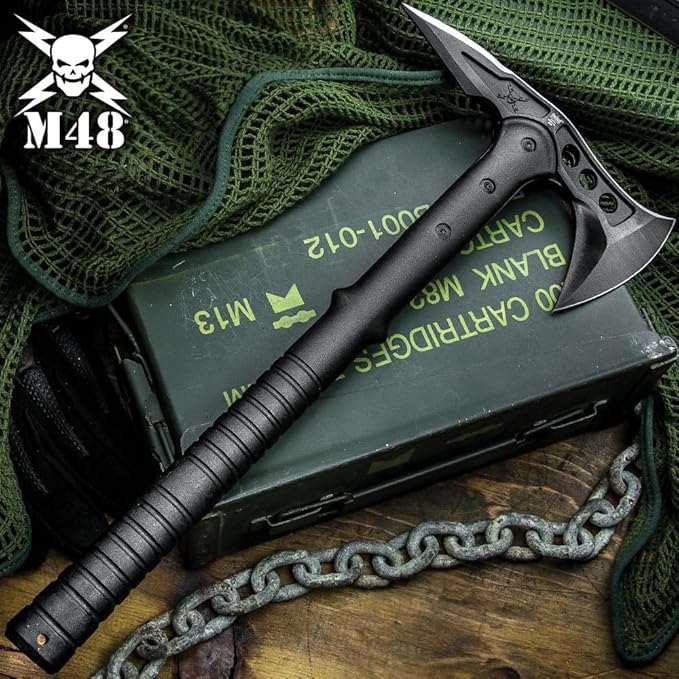M48 Tactical Tomahawk Military Axe - Black Color | 3 ⅞” Cast Stainless Steel Combat Axe with Piercing Spike | Nylon Cord Wrapped Fiberglass Handle | Camping and Tactical Gear | 15” Length