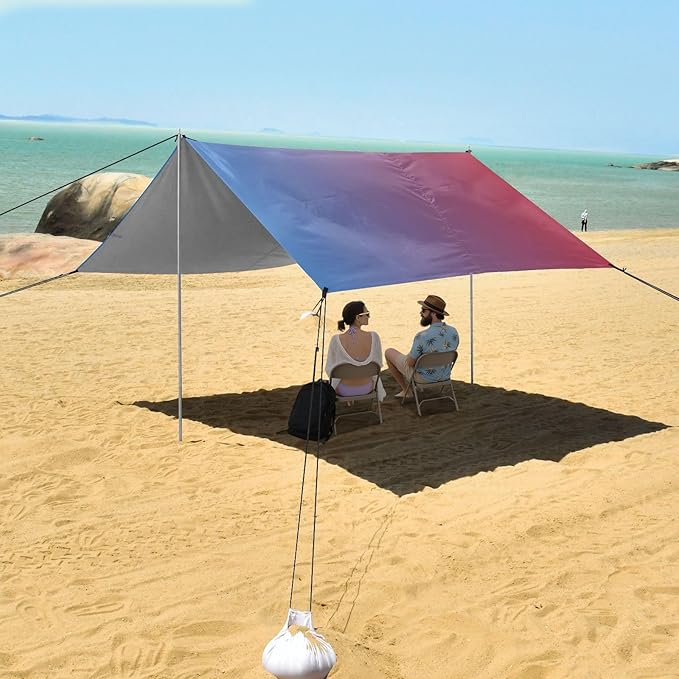 Blue Red Gradient Beach Tent &amp Canopy UPF50+ Protection Water-Resistant Large Sun Shelter with Sandbags Sand Shovel Poles for Camping Picnics Backyard