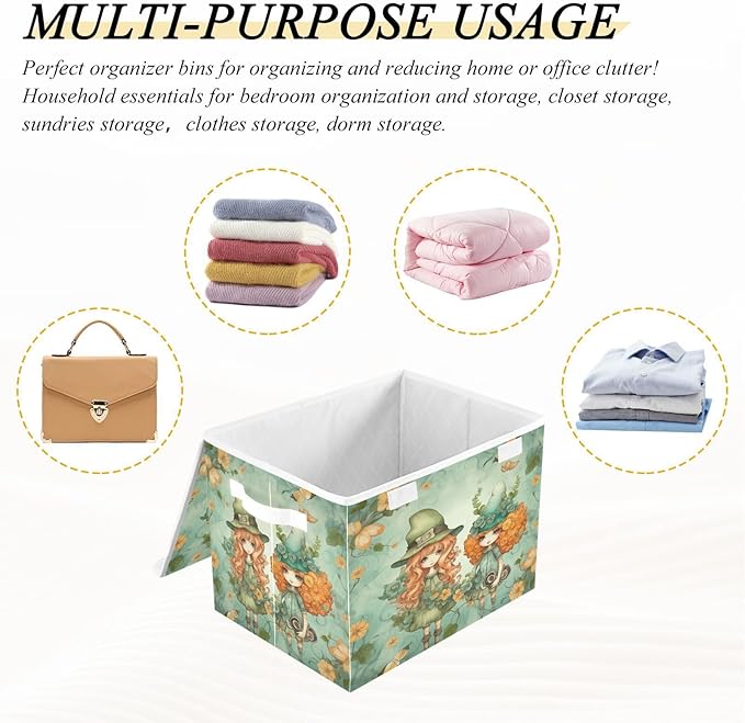 Christmas Storage Baskets with Lids Two Girls in A Hat Collapsible Bins Stackable Fabric Linen Baskets Closet Organizer Container 16.5x12.6x11.8
