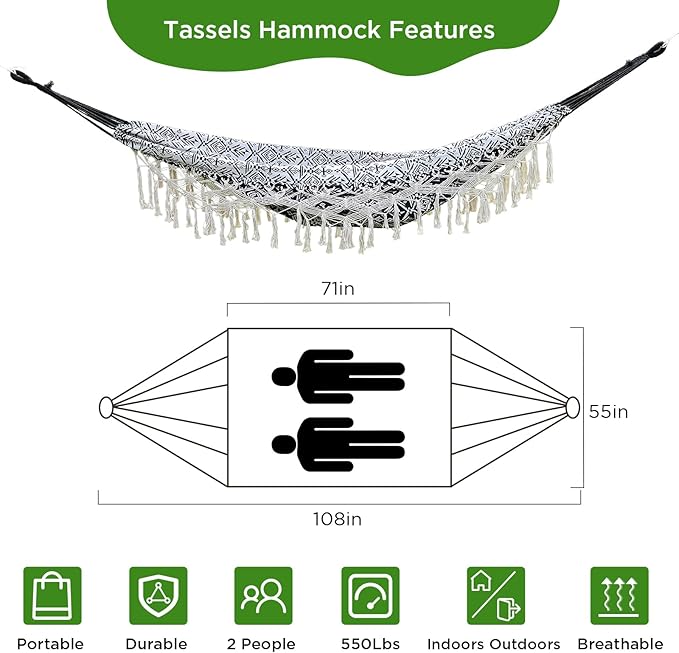 Black with Wirte Bohemian Striped Fringe Double Hammock - Soft Cotton Fabric Outdoor Indoor Hanging Bed with Durable Ropes Space-Saving Design for Garden Patio Backyard Porch Beach Camping