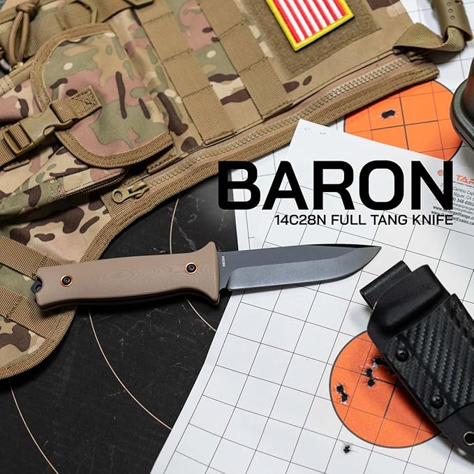 704 Gear Baron Fixed Blade Knife | 4.5 inch 14C28N Steel Full Tang Blade Textured G10 Handle and Kydex Sheath with Carrying Clip | Flat Dark Earth