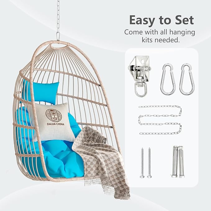 Hanging Egg Chair with Pillow HDPE Rattan Foldable Swing Chair with Aluminum Frame &amp UV Resistant Cushion Hammock Egg Basket Without Stand for Indoor Outdoor 350Lbs Capacity (Blue Cushion)