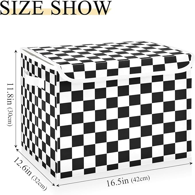 Black and White Checkered Pattern Storage Baskets Lidded Bin Foldable Storage Boxes Cubes Lids with 2 Handles for Organizing Closet Home Office