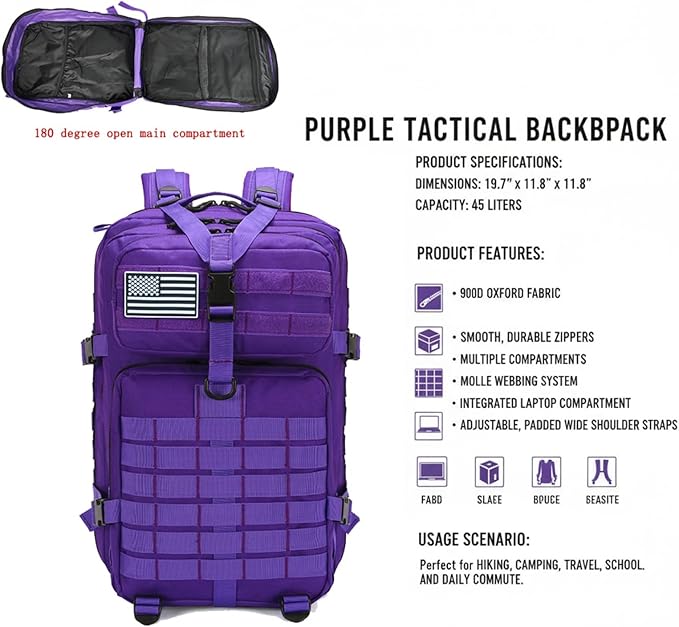 45L Military Tactical Backpack for Men &amp Women Bug Out Bag Assault pack Molle Daypack Hiking Trekking Rucksack(45L purple)