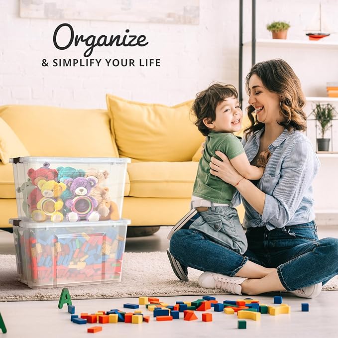Lifetime Appliance Parts 6 PACK 34 Qt. Plastic Storage Bin Tote Organizing Container with Ultra Durable Lid &amp Secure Latching Buckles Stackable Extra Strength Clear w/Black Handle