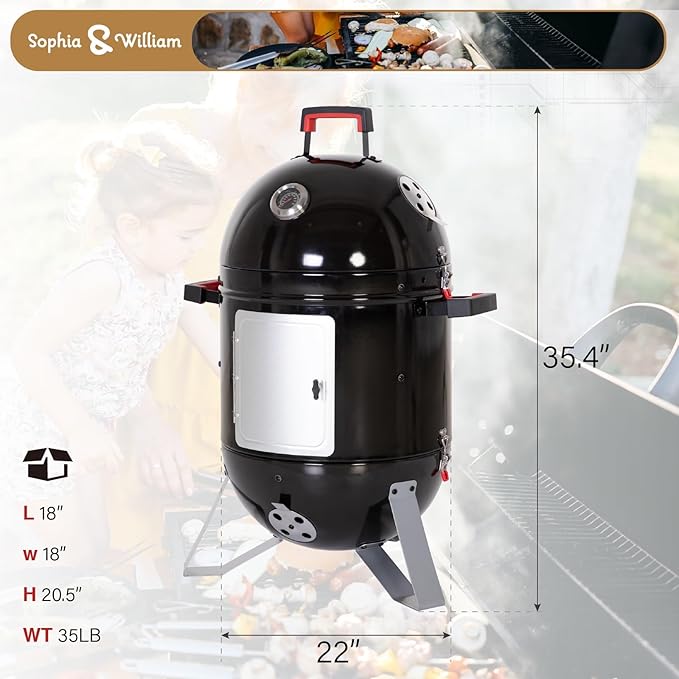 Sophia &amp William 18-Inch Vertical Charcoal Smokers BBQ Grills with Porcelain-Enameled Smoking Chamber &amp 2-Layer Smoking Shelves Outdoor Smokers &amp Tabletop Grill Combo for Barbecue Camping