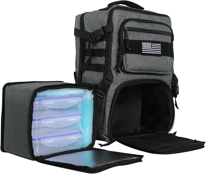 519 Fitness [Tactical All-Around] Modular Meal Prep Backpack - Stealth Grey - Fits 17 Laptop - Removable Meal Part Hydration Bladder 3 Containers 2 Ice Packs &amp US Flag Patch