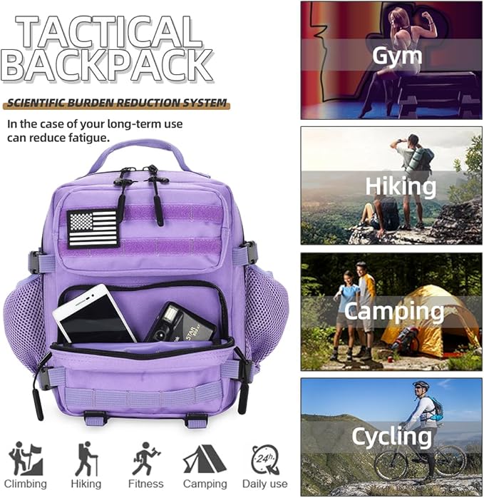 9L Mini Tactical Backpack for Men and Women Tactical Backpack Small for Hiking Small Tactical Bag（Light Purple）