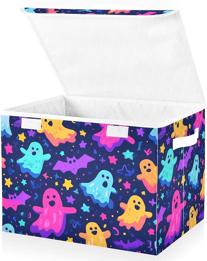 Neon Halloween Ghosts Stars Bats Storage Box with Lid 1 PC Foldable Storage Bin with Lids Stackable Storage Bins Cube Closet Organizer Basket with Flip-Top Lid &amp Handles for Shoes Books Towels