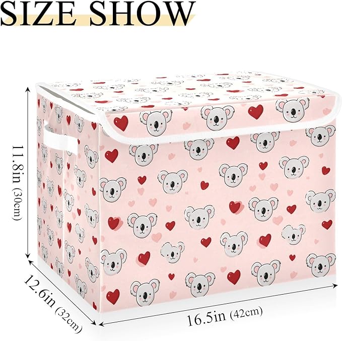 Pink Valentine Koala Hearts Storage Box with Lid 1 PC Foldable Storage Bin with Lids Stackable Storage Bins Cube Closet Organizer Basket with Flip-Top Lid &amp Handles for Shoes Books Towels