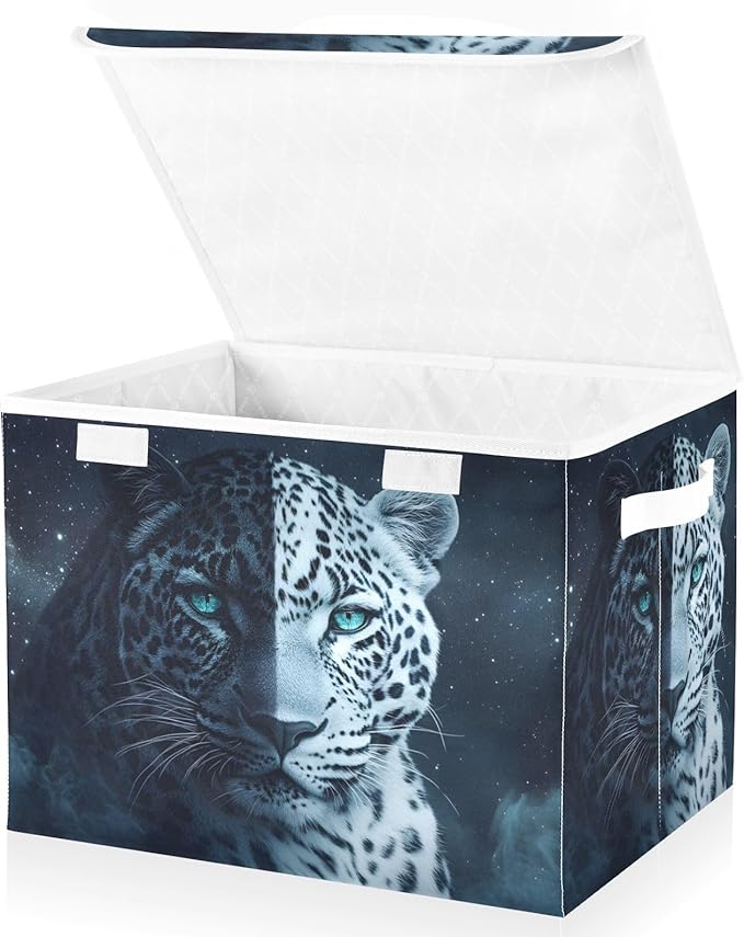 Storage Cube with Lid White Black Leopard Print 16.5×12.6×11.8 IN Collapsible Large Capacity Foldable Storage Basket Bin Organizer