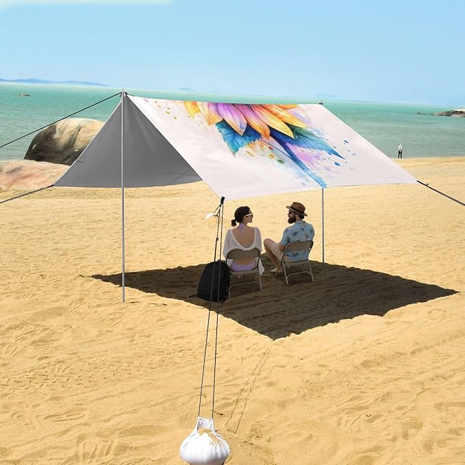 ALAZA Rainbow Sunflower Beach Tent Sun Shelter UPF50+ Protection Beach Shade Canopy w/ 4 Sandbags for Outdoor Camping Fishing Backyard Fun Picnic 10x9 ft